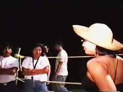 Sexy Latina in jeans flashes tits and ass at outdoor party
