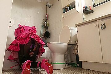 Sissy Maids Bathroom Bondage, Locked To Toilet