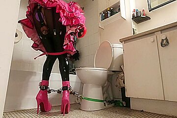Sissy Maids Bathroom Bondage, Locked To Toilet