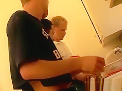 Skinny twink eating ass in kitchen fucking threesome