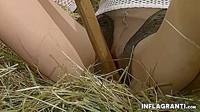 Slave In Fishnets Gets Feet Jizzed In The Barn