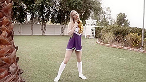 Slutty, blonde cheerleader is spreading her legs wide open and getting her daily dose of fuck