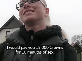 Slutty blonde in glasses fucks a stranger for cash