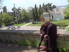 Spanish hottie gangbanged in public