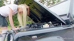 Sweet blonde tries to fix the car but gets fucked instead