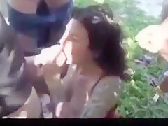 Tatooed Slut Jerking Off Several Guys In The Woods
