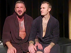 Tattooed BDSM sub flogged and tugged by hunk