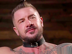 Tattooed BDSM sub flogged and tugged by hunk