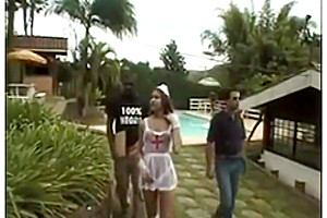 Tranny gets a cum after interracial double anal
