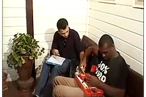 Tranny gets a cum after interracial double anal