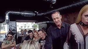 Two sluts group banged in public bar