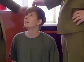Uniformed officers spitroasting twink cadet