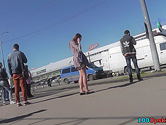 Upskirts in public shows brunette in pretty pantyhose