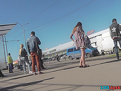 Upskirts in public shows brunette in pretty pantyhose