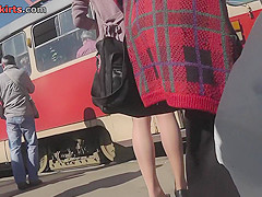 Upskirts in public shows brunette in pretty pantyhose