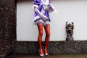 Wanking Sissy In Purple Satin And Nylon Stockings