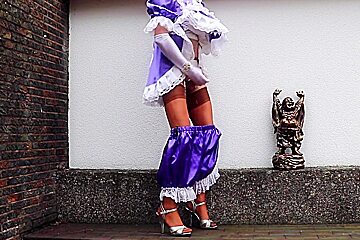 Wanking Sissy In Purple Satin And Nylon Stockings