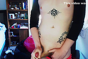 WreckMyShit - Hot Tranny Jerks Her Big Cock Til She Cums Twice!