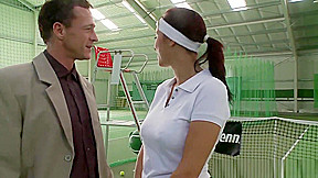 Young Fresh Brunette Taking Two Cocks At The Tennis Court