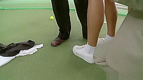 Young Fresh Brunette Taking Two Cocks At The Tennis Court