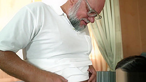 teen 18+ fingers grandpas ass and jerks his cock