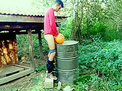 teenager 18+ Is Hard Banging A Pumpkin In The Garden